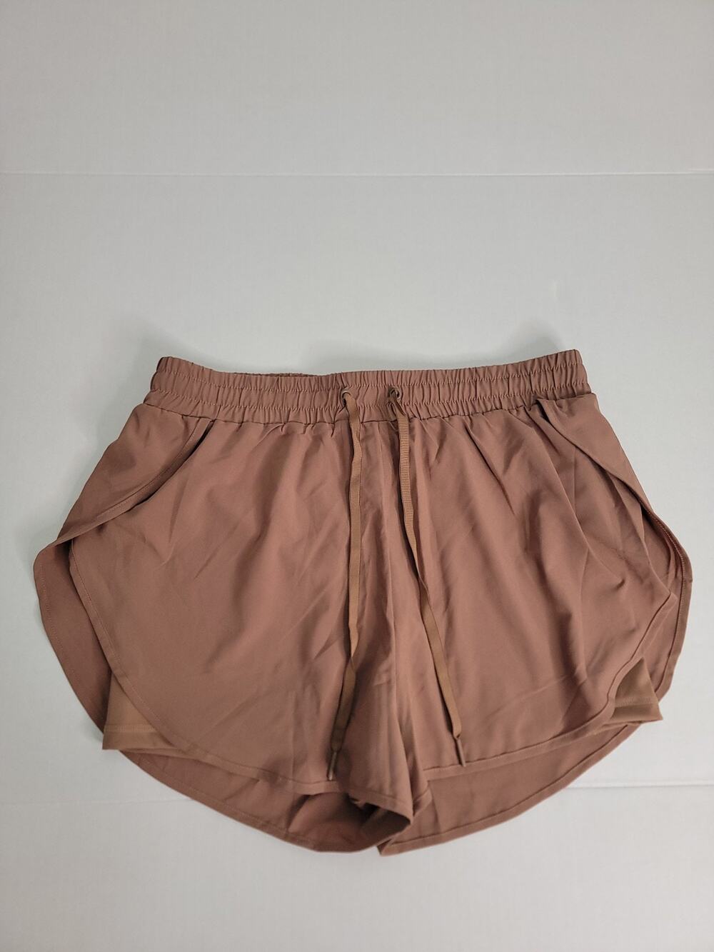 Buff Bunny Shorts Sz L Stretchy Pull On Drawstring Layered Tan Brown